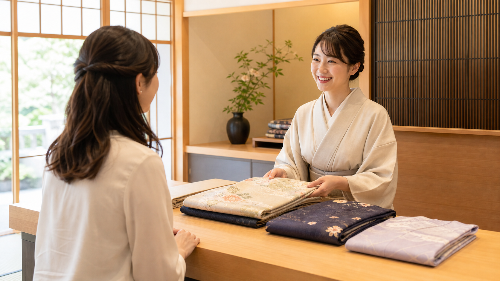 着物買取を相談するカウンターの様子